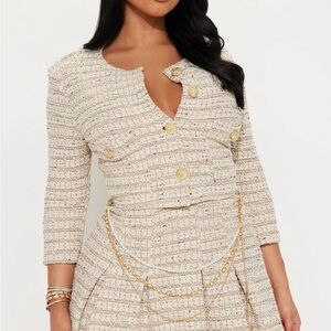 Fashion Nova Cream Tweed Chain-Detail Dress